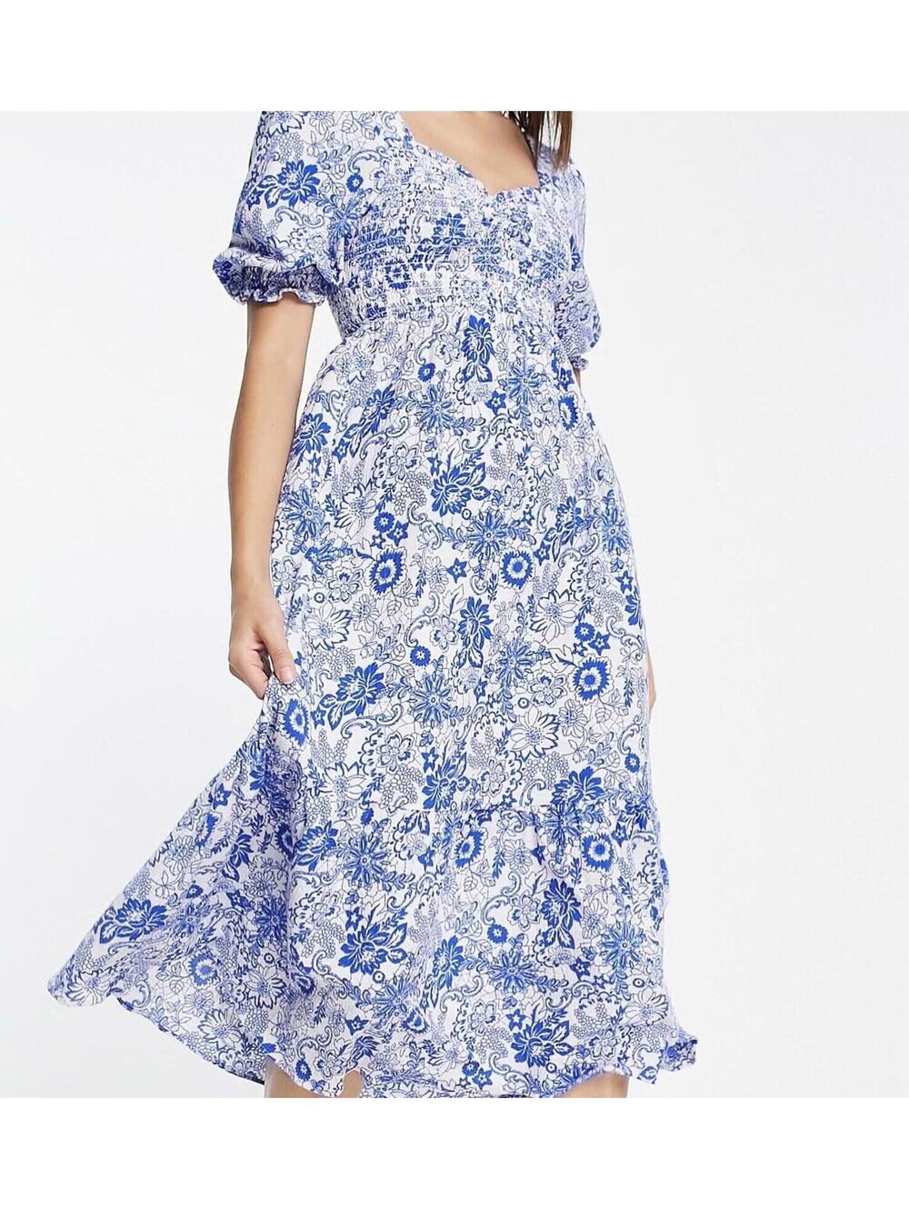 Topshop tiered shirring midi dress in blue floral‎